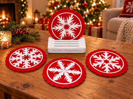 Frostflake Christmas Coasters with “Merry Christmas” Holder – Set of 4.