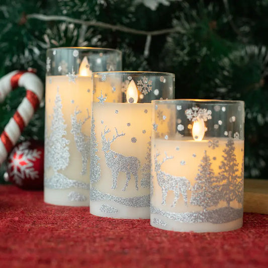 LED Glass Candles with Christmas Design in Glass Cups