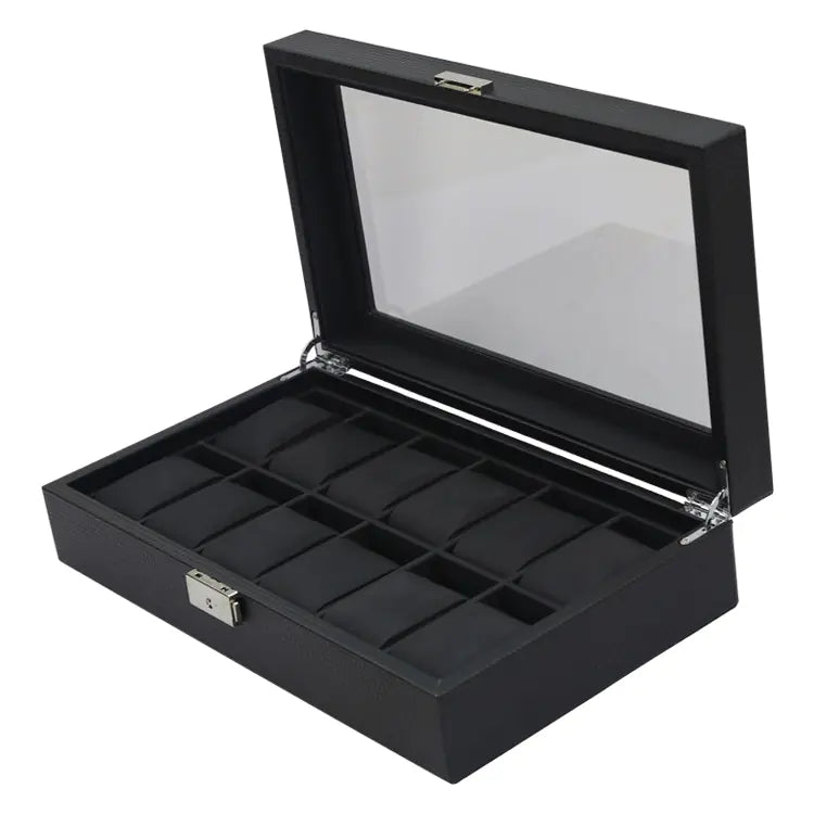 Carbon Fibre Watch Box for 12 Watches with PU Leather