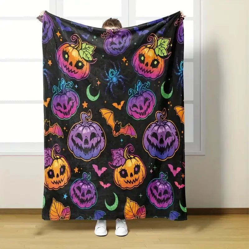Colorful Halloween Pumpkin Spider Bat Flannel Blanket