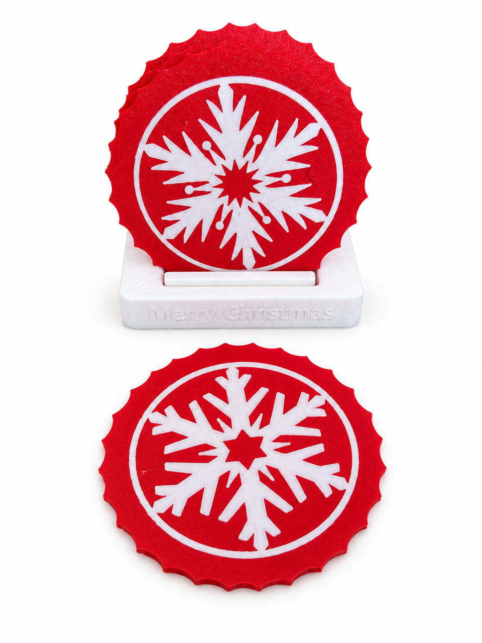Frostflake Christmas Coasters with “Merry Christmas” Holder – Set of 4.