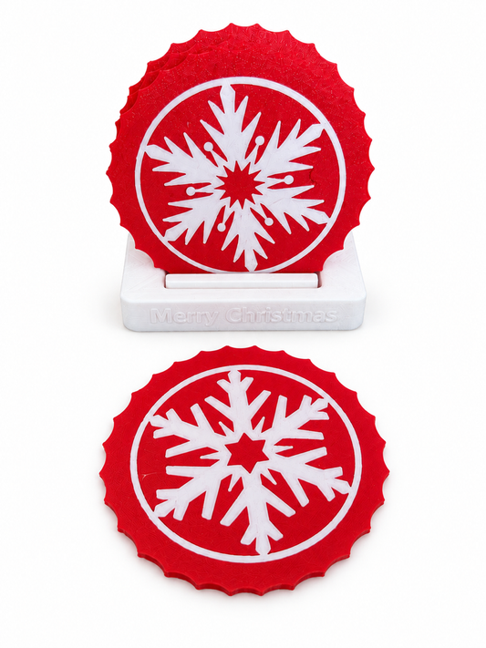 Frostflake Christmas Coasters with “Merry Christmas” Holder – Set of 4.