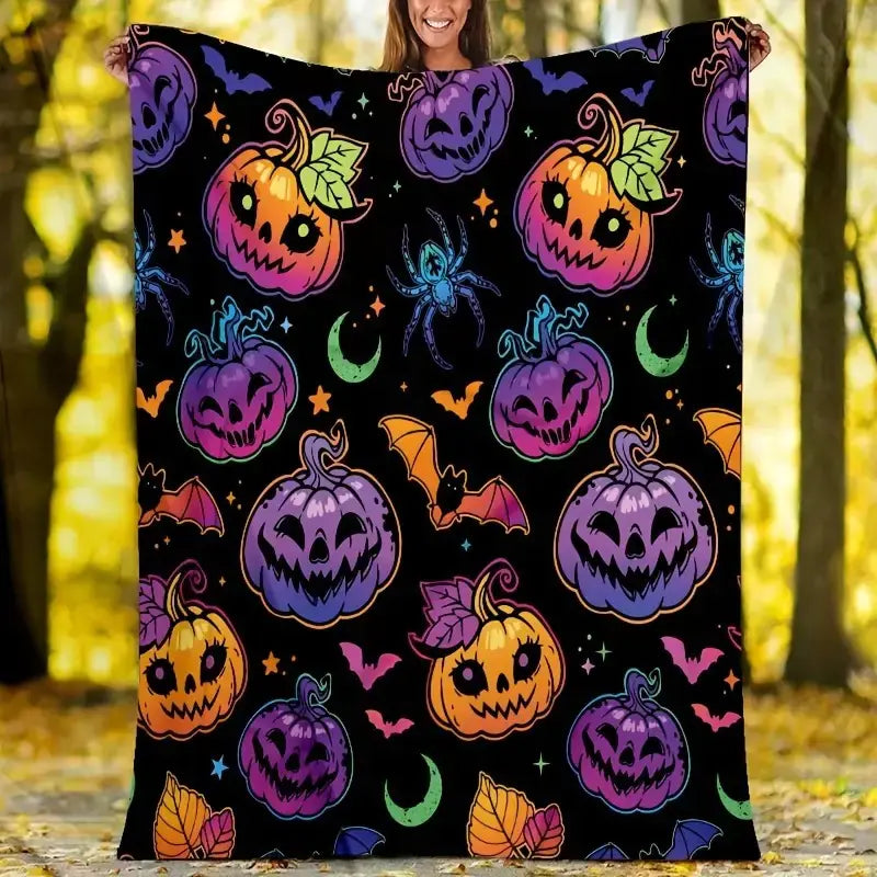 Colorful Halloween Pumpkin Spider Bat Flannel Blanket