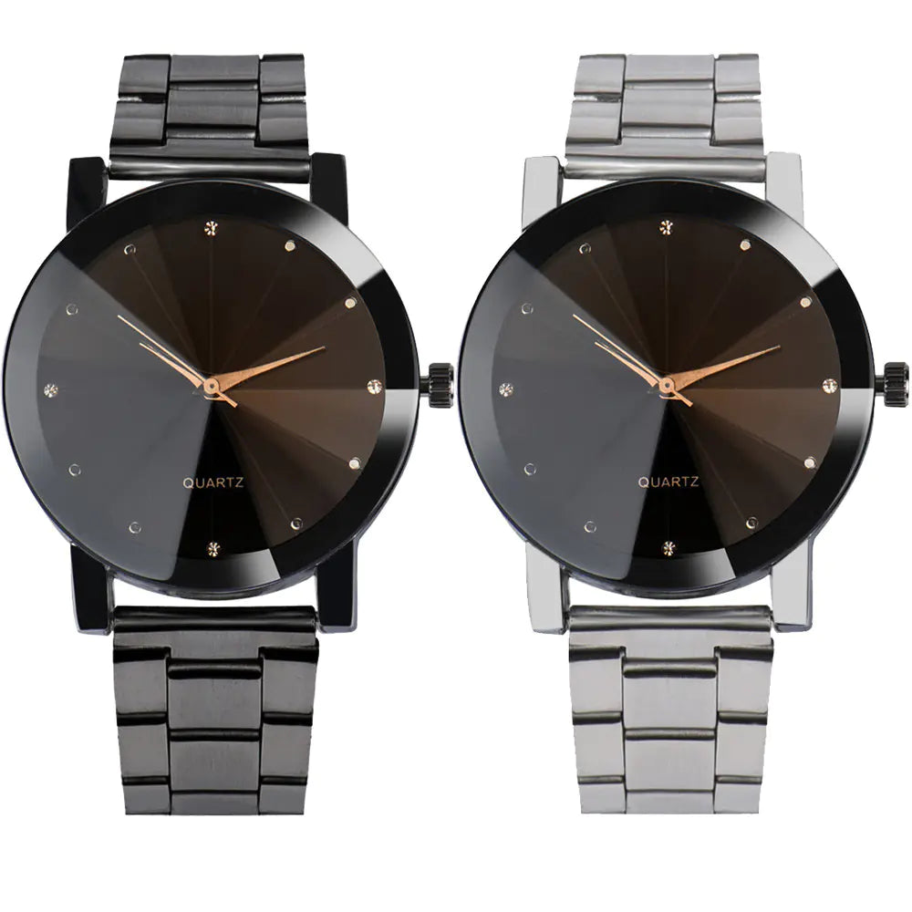 Creative Couple's Quartz Watches with Steel Band and Diamonds