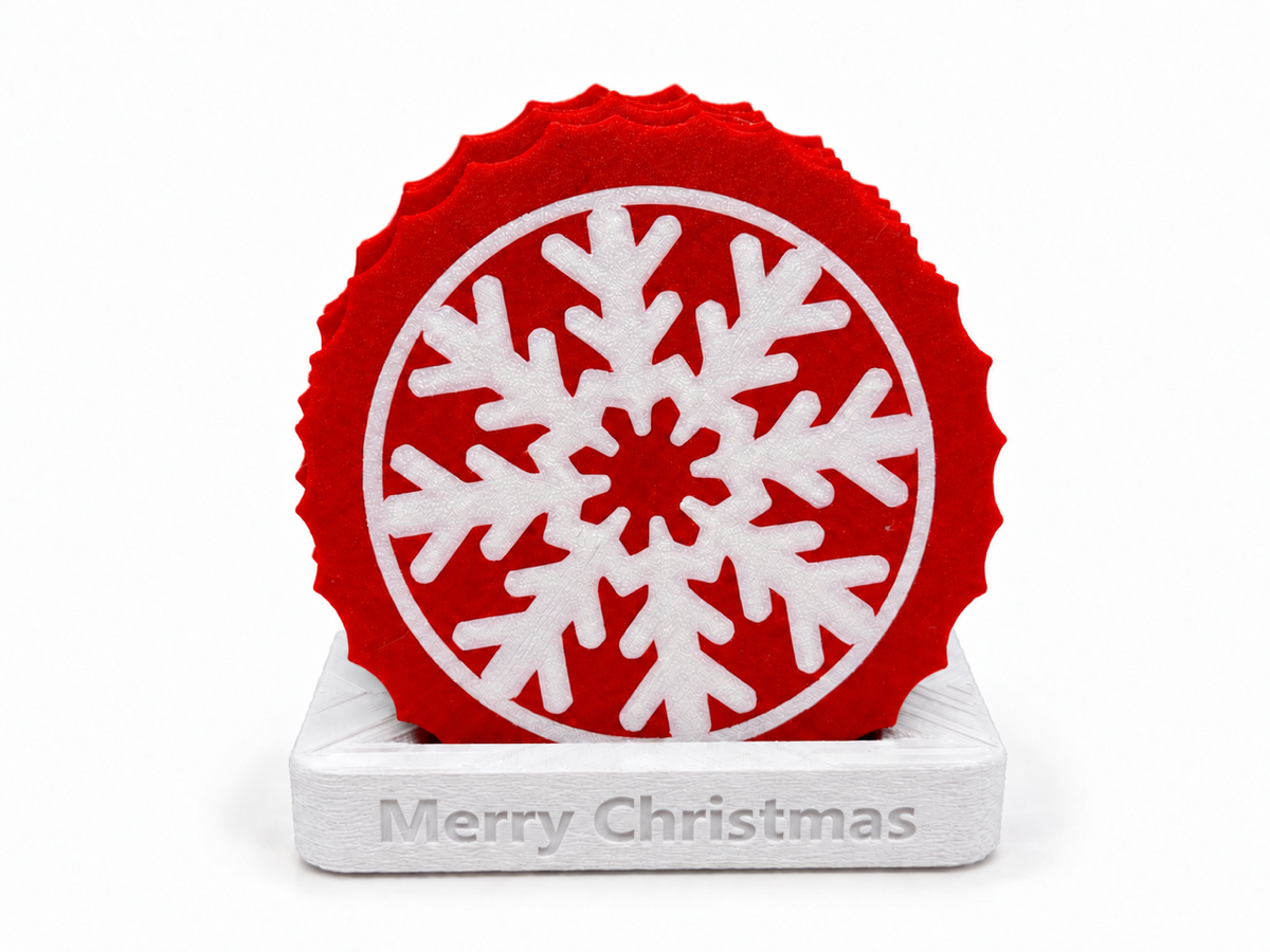 Frostflake Christmas Coasters with “Merry Christmas” Holder – Set of 4.