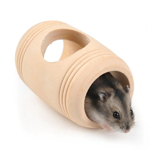 Wooden Hamster Toy House with Barrel-Shaped Tunnel