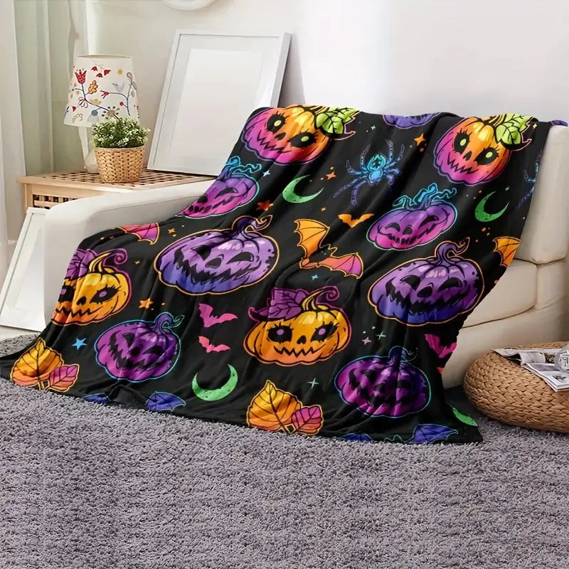 Colorful Halloween Pumpkin Spider Bat Flannel Blanket
