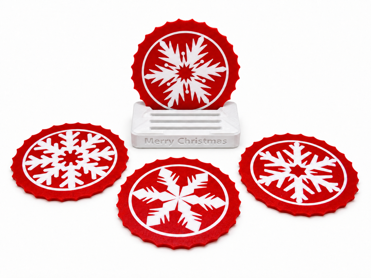 Frostflake Christmas Coasters with “Merry Christmas” Holder – Set of 4.