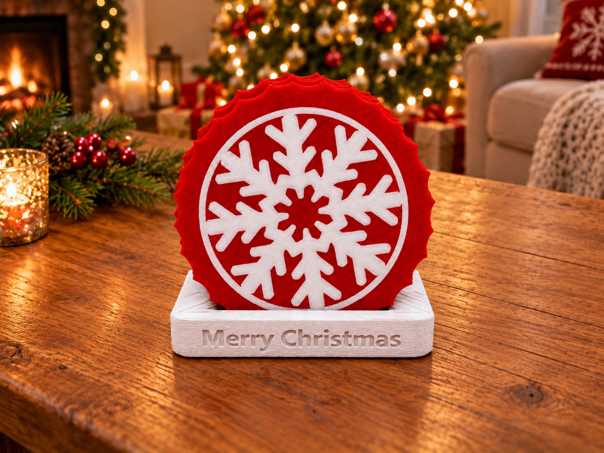 Frostflake Christmas Coasters with “Merry Christmas” Holder – Set of 4.
