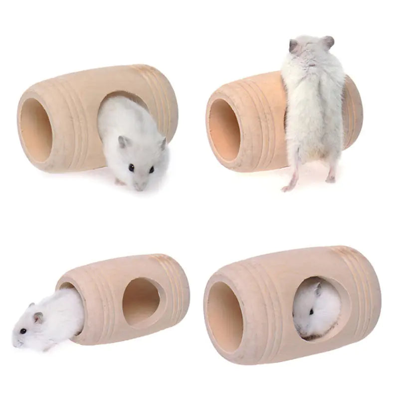 Wooden Hamster Toy House with Barrel-Shaped Tunnel