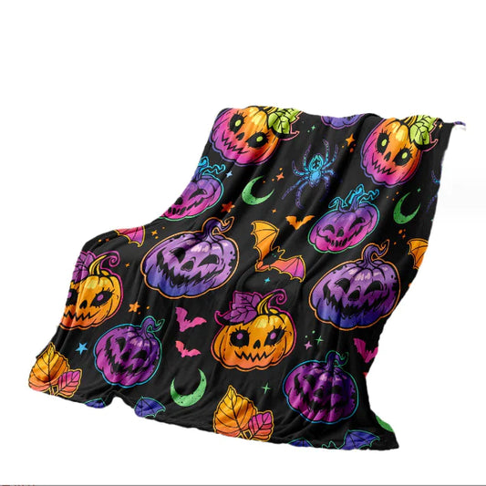 Colorful Halloween Pumpkin Spider Bat Flannel Blanket
