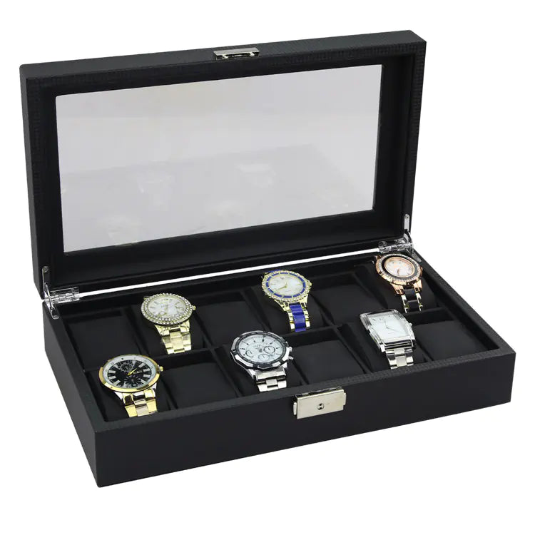 Carbon Fibre Watch Box for 12 Watches with PU Leather