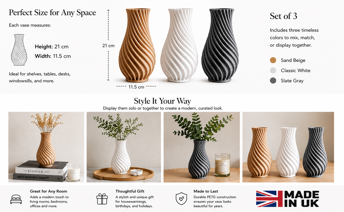 Modern Twisted Rib Vase – 3D Printed PETG Decorative Vase | Semi Gloss Finish | Home Decor