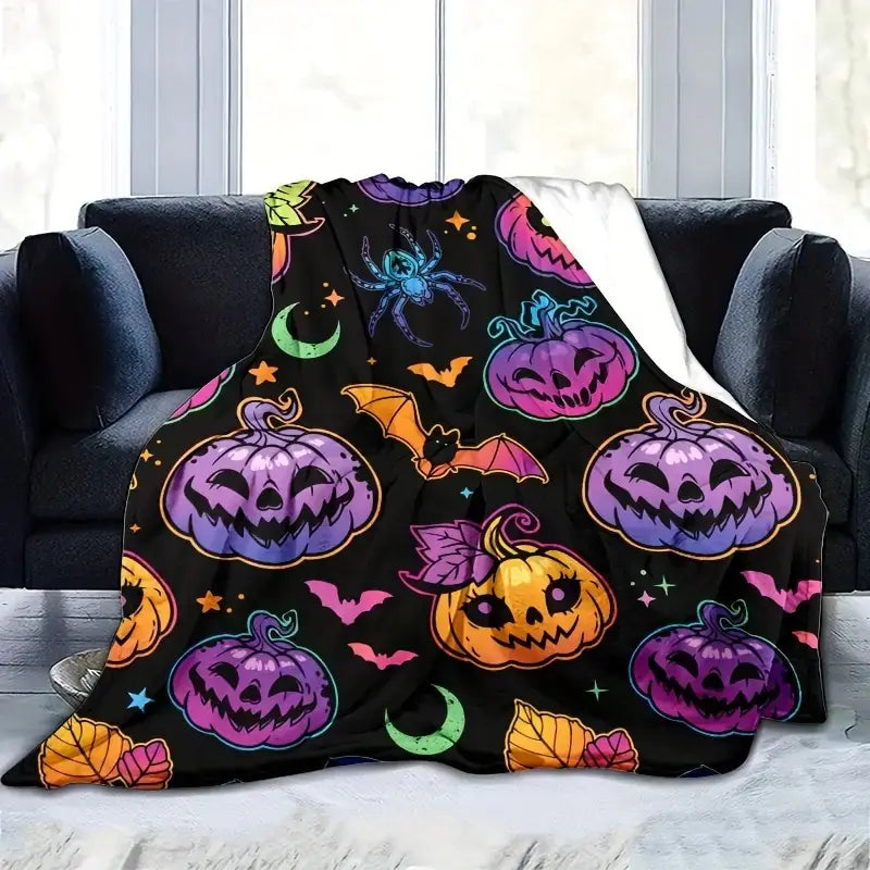 Colorful Halloween Pumpkin Spider Bat Flannel Blanket