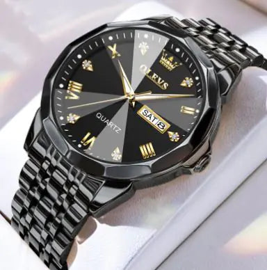 Luxury watch with black face and metal strap on a white background