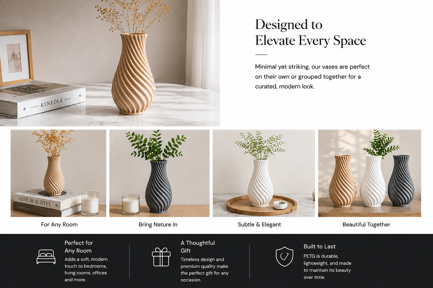Modern Twisted Rib Vase – 3D Printed PETG Decorative Vase | Semi Gloss Finish | Home Decor