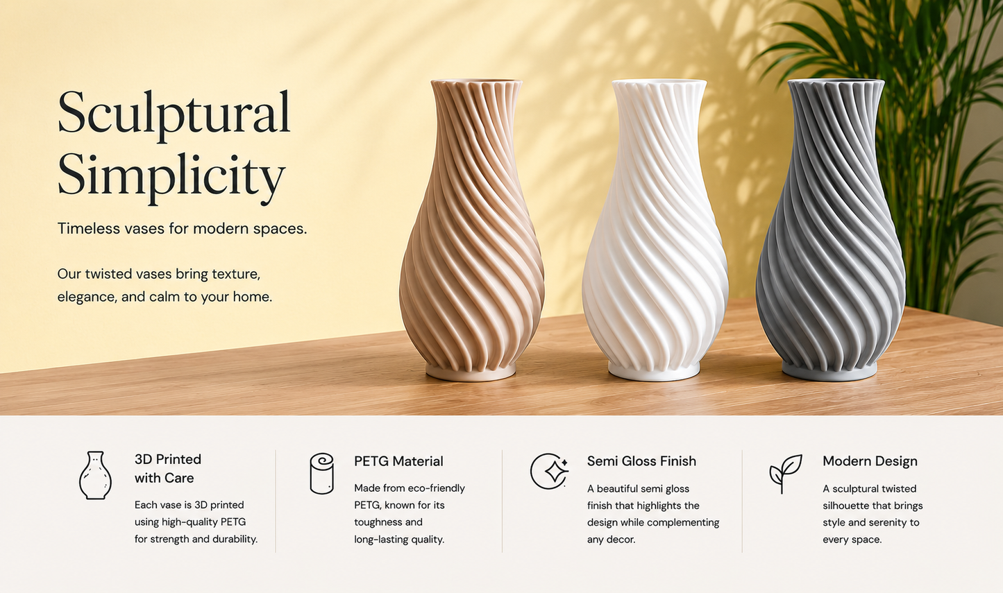 Modern Twisted Rib Vase – 3D Printed PETG Decorative Vase | Semi Gloss Finish | Home Decor