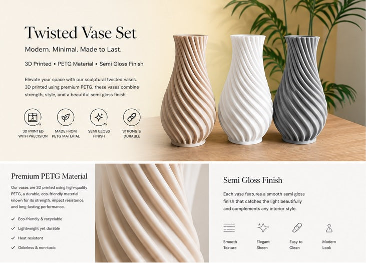 Modern Twisted Rib Vase – 3D Printed PETG Decorative Vase | Semi Gloss Finish | Home Decor